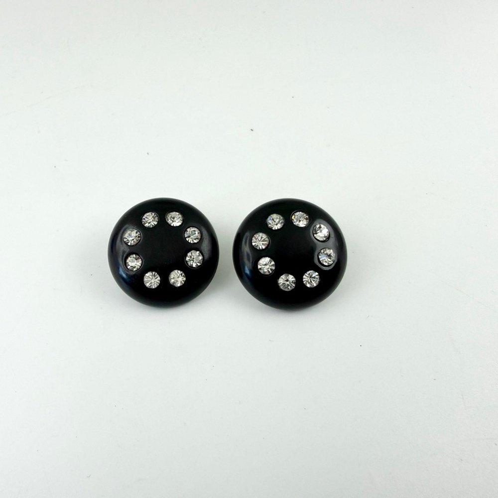 Vintage Black Bakelite Rhinestone Earrings, Art Deco Button Clips, Mid Century - Picture 3 of 5